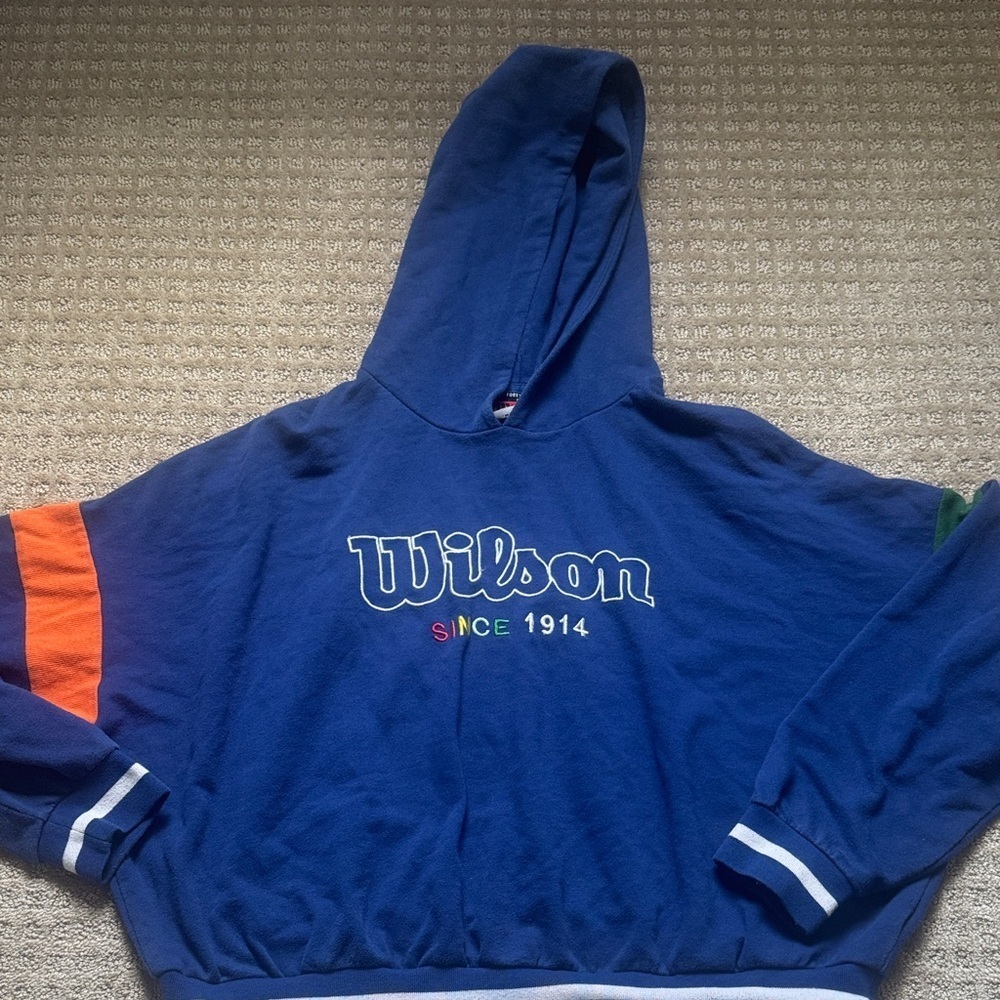 Wilson Blue Hoodie Since 1914 Logo Retro Colorblock Sleeve Pullover Size 2X